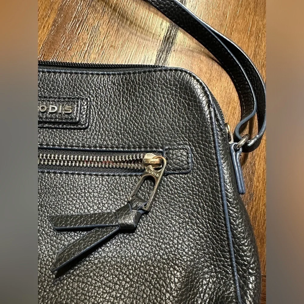 Lodis Charlotte Crossbody Black Pebbled Leather with Navy Blue Trim